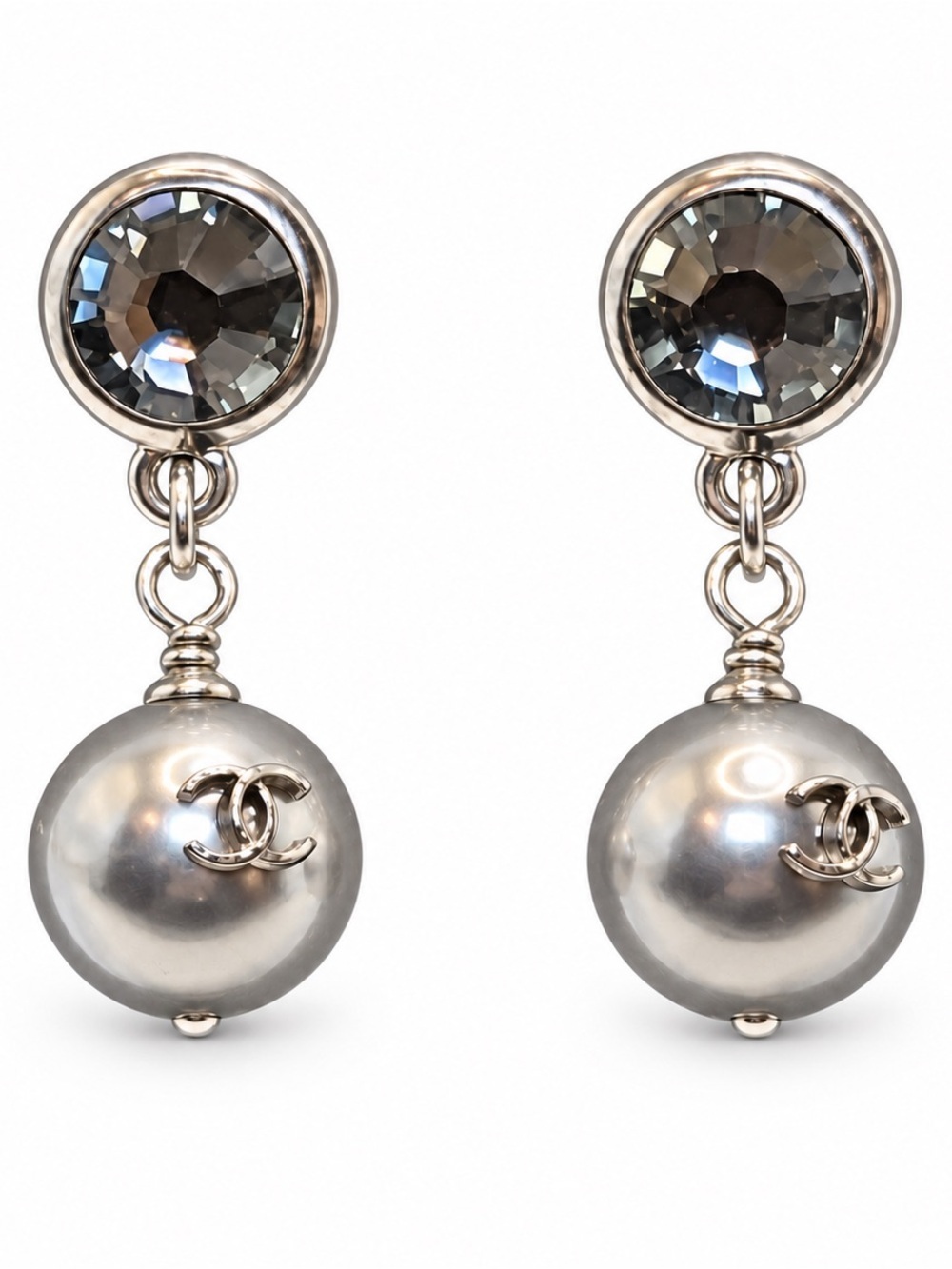 Chanel Interlocking CC Gray Pearl Drop and Crystal Stud Earrings